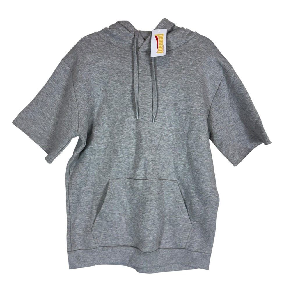 Pennant Hoodie Mens Large Gray Short Sleeve Pullover Fleece Kangaroo Pocket